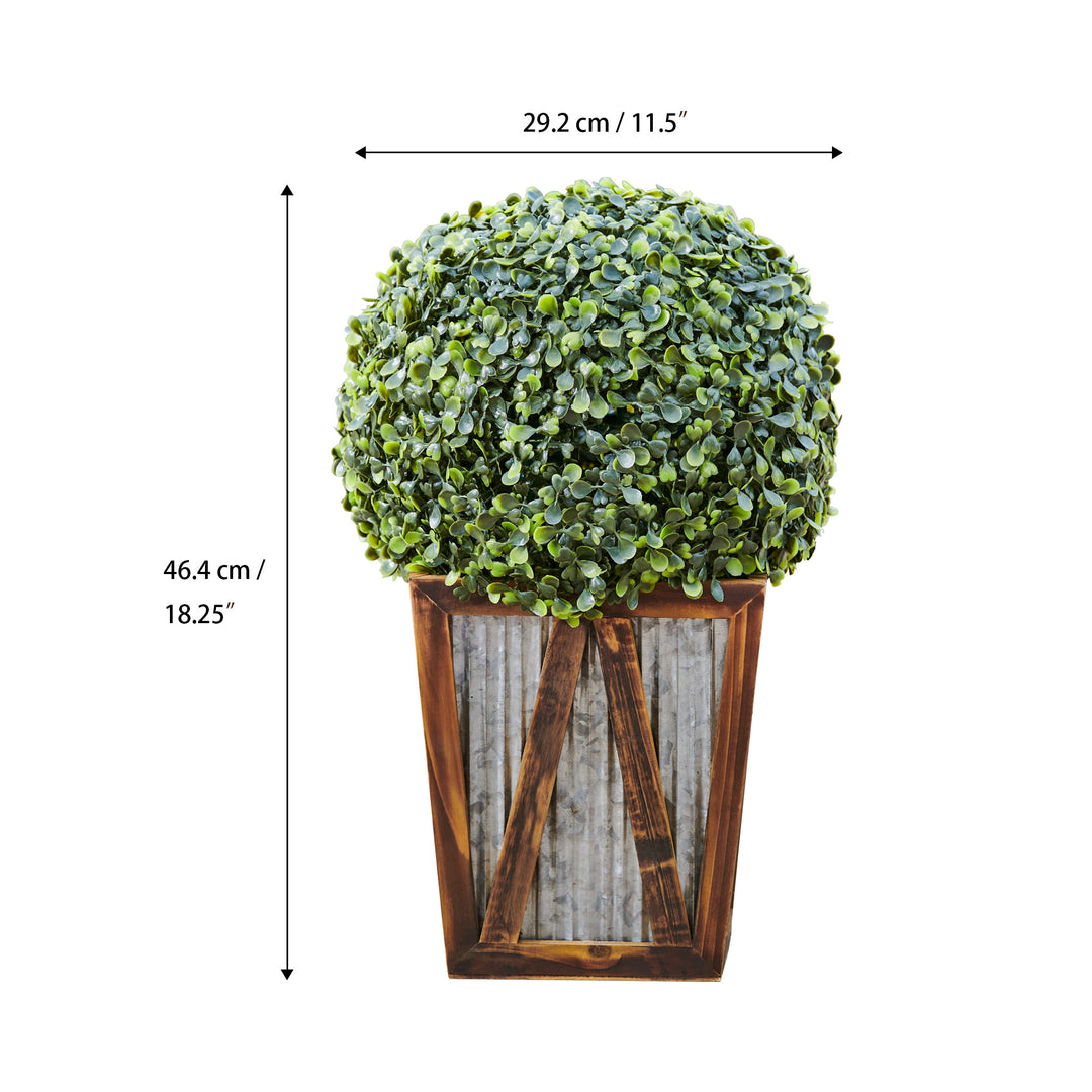 Teamson Home Artificial Topiary Shrub with Solar LED Lights with dimensions listed in inches and centimeters.