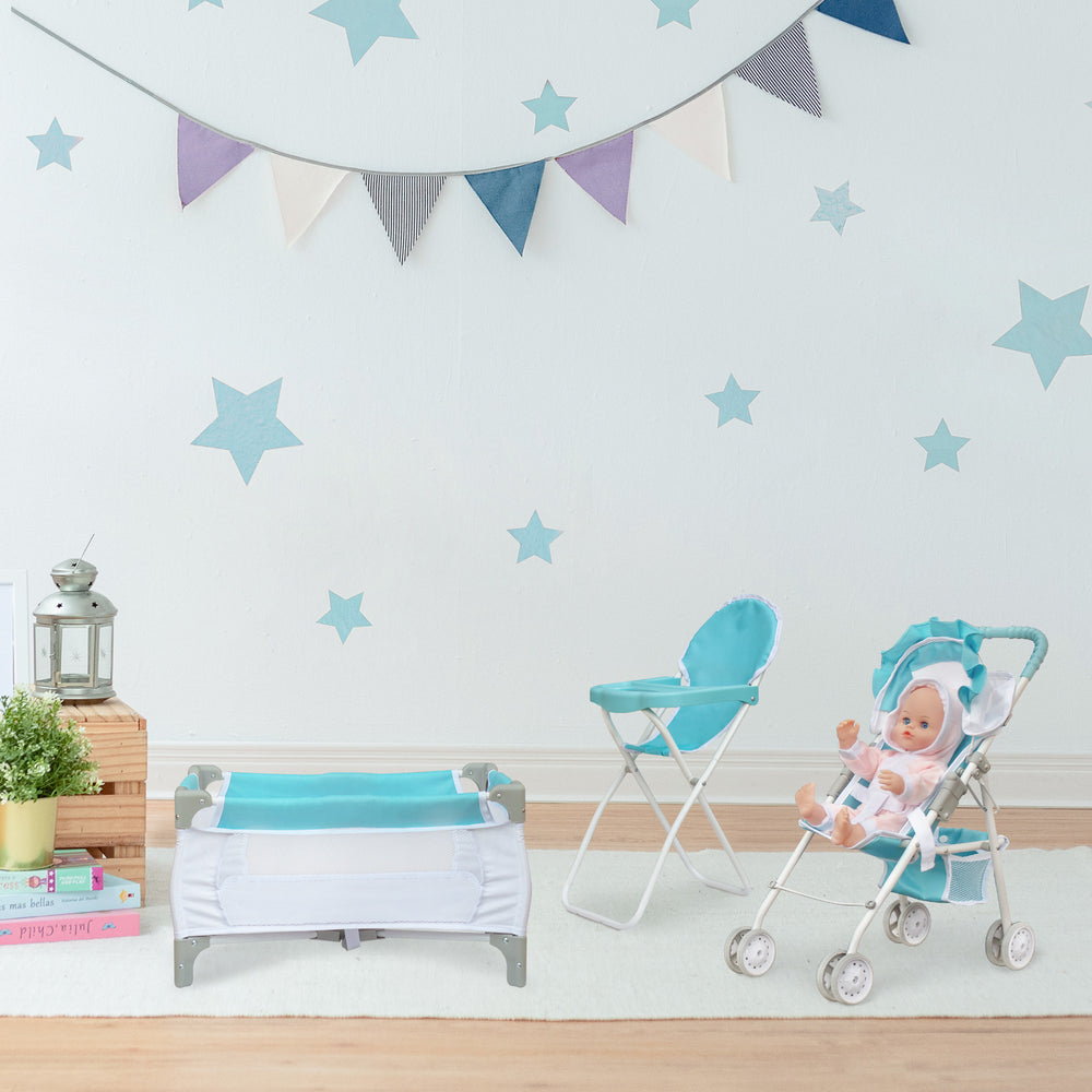 3-in-1 Baby Doll Nursery Set, Blue/White featuring a high chair, a stroller, and a crib in a playroom with white walls and blue stars.