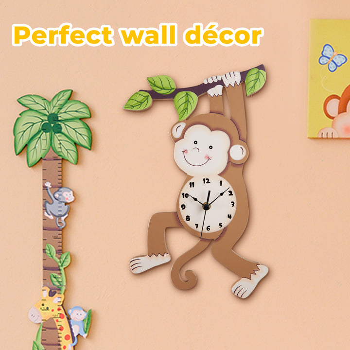A Fantasy Fields Kids Wooden Sunny Safari Monkey Wall Clock hangs from a tree in a children's room, beside a learning wall clock.