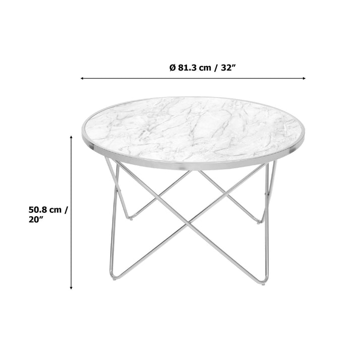 Dimensions in inches and centimeters for a Teamson Home Margo Small Round Faux White Carrara Marble coffee table with chrome legs.