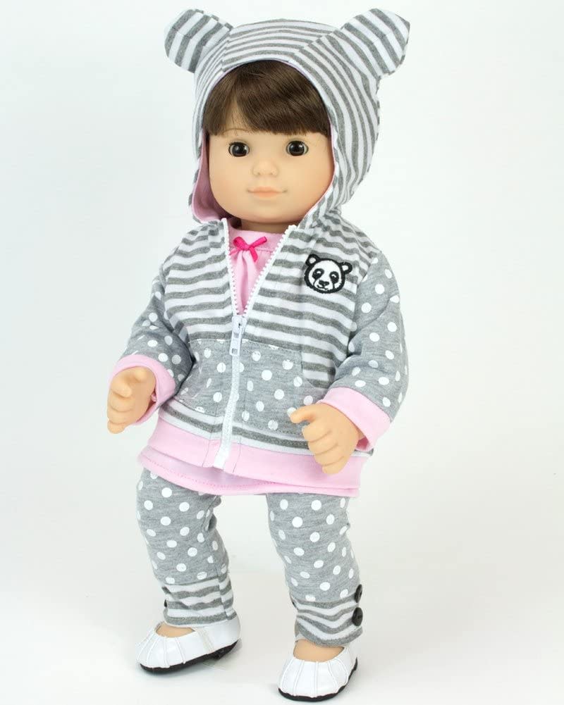 15" Doll with brunette hair and brown airs dressed in a pink tunic with a panda bear and gray polka dotted leggings and matching hooded sweatshirt