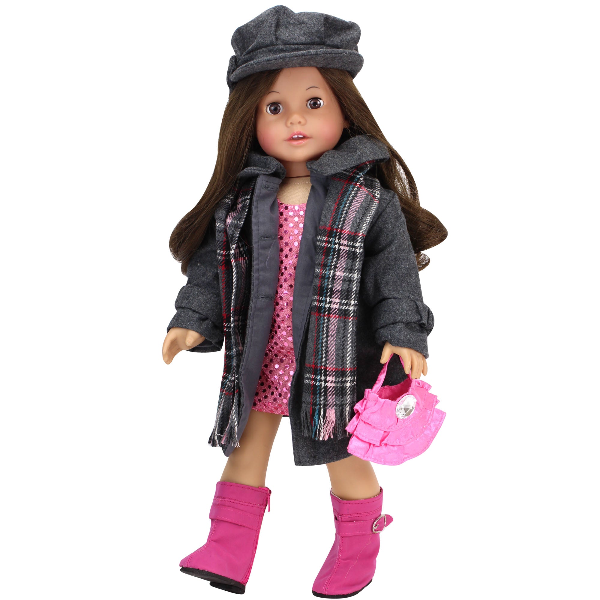 Sophia's - 18" Doll - Wool Coat, Hat, Plaid Scarf & Pink Boots - Gray
