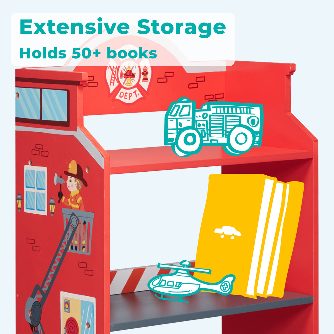 A Fantasy Fields Little Fire Fighters Bookshelf with Drawer, Red with books and a fire truck on it, themed around fire fighters for additional storage.