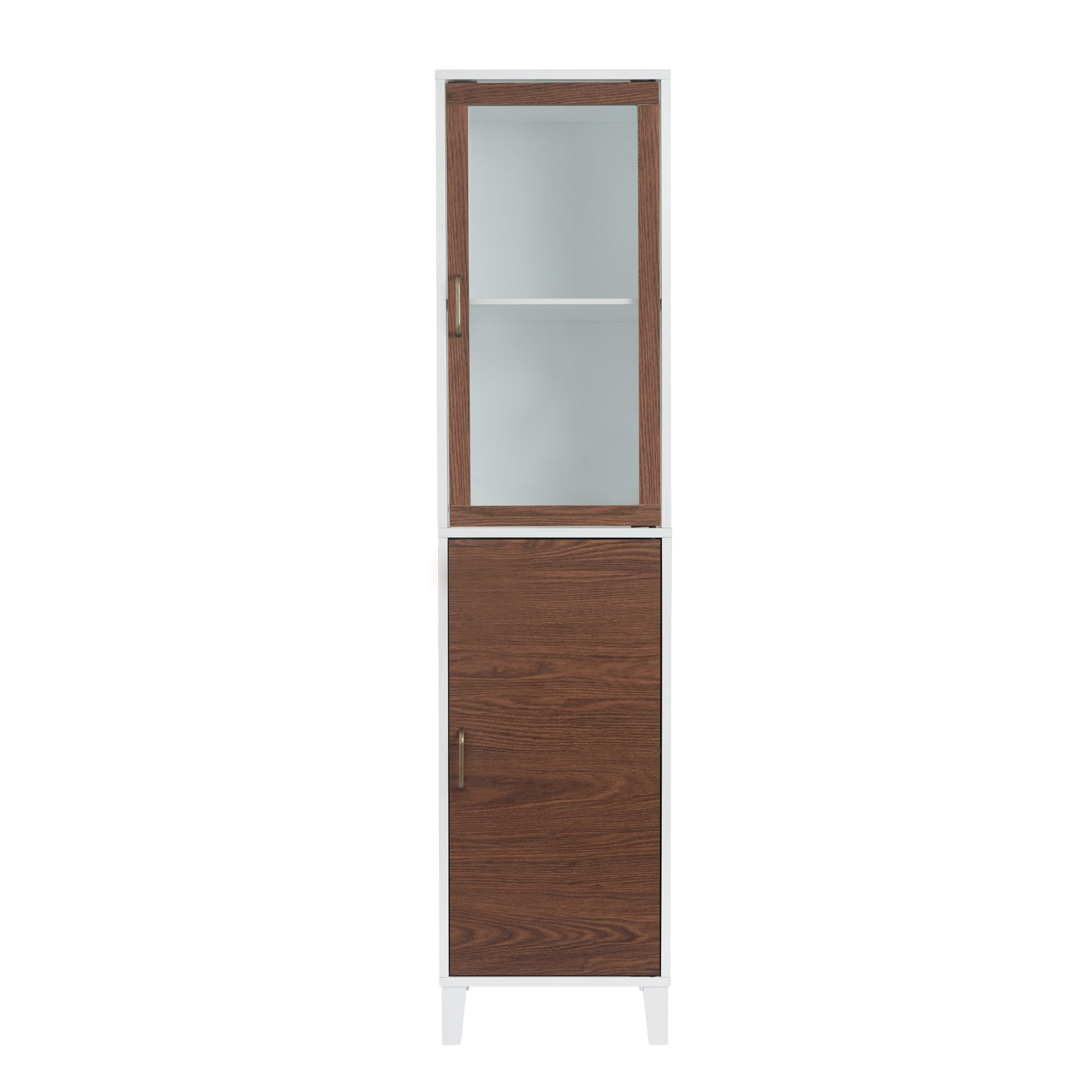 Teamson Home Tyler Modern Wooden Linen Tower Tall Storage Cabinet with Two Doors, Walnut/White