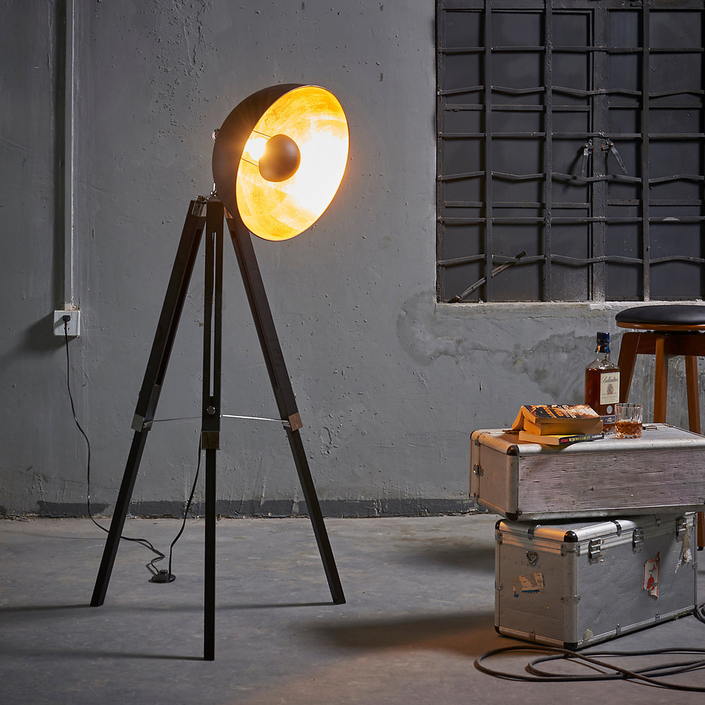 Teamson Home Fascino Modern Spotlight Tripod Floor Lamp with a black with a metallic gold interior in an industrial aesthetic.