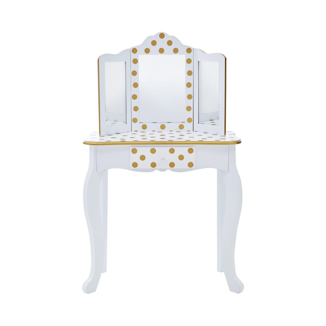 A Teamson Kids Gisele Polka Dot Vanity Playset, White / Gold dressing table with a mirror.