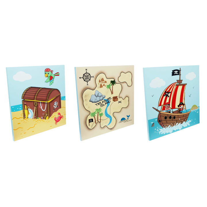 A set of Fantasy Fields Wooden Pirate Island wall art featuring a green parrot and red crab next to a treasure chest, a treasure map, and a pirate ship with two pirates.
