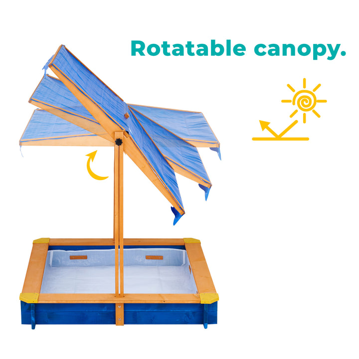 A Teamson Kids 4' Square Solid Wood Sandbox with Rotatable Canopy Cover in Honey/Blue.