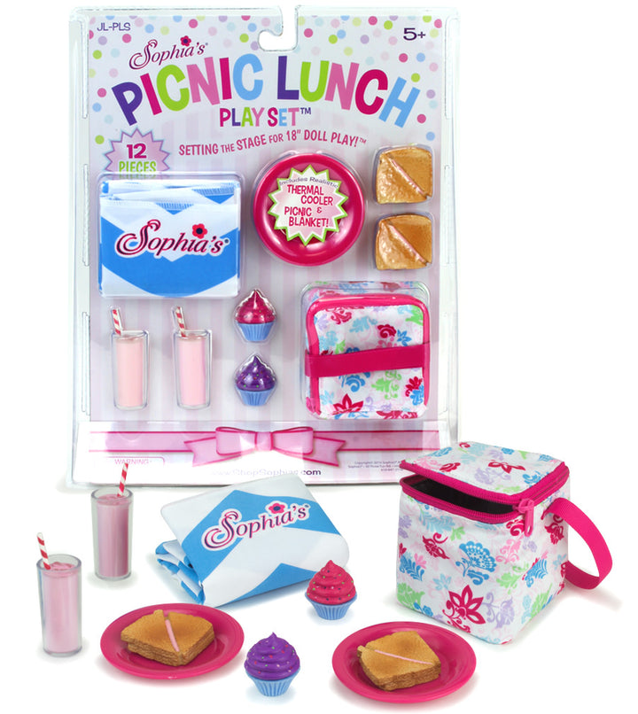 The picnic lunch in its packaging and laid out separately.