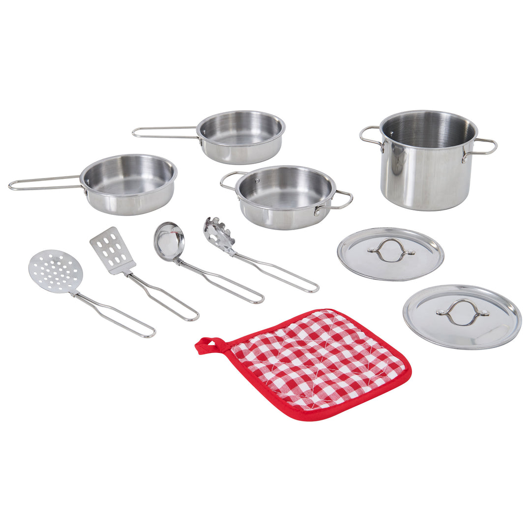 Teamson Kids 11 Piece Little Chef Frankfurt Stainless Steel Cooking Accessory Set with utensils, interactive tools, and a red pot holder.