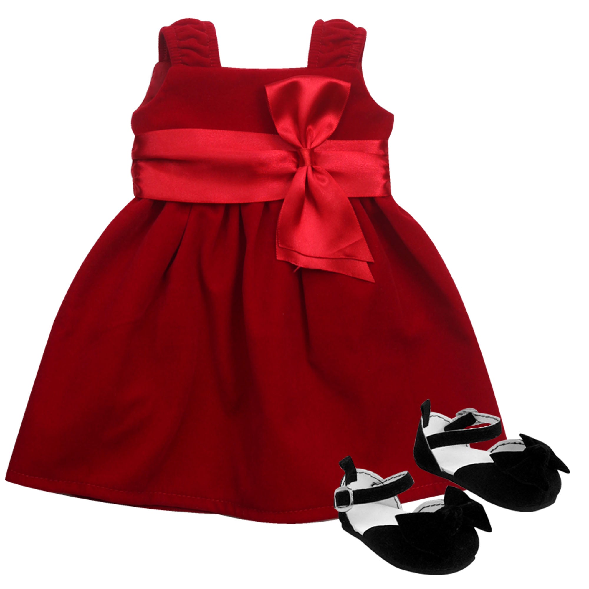 Sophia’s Velvet Holiday Dress with Satin Ribbon, Vertical Bow, & Gathered Empire Waistline and Shoes for 18” Dolls, Red/Black