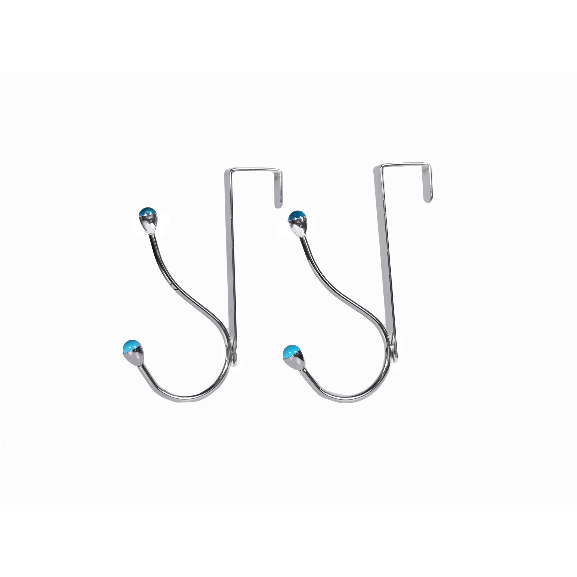 Teamson Home Set of 2 Over-the-Door Hangers with 2 Blue Acrylic Jewel Hooks, Chrome