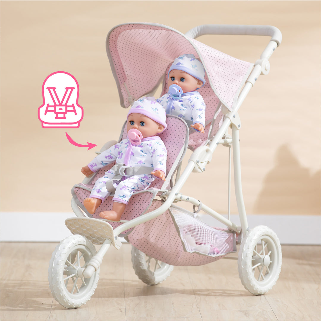 A tandem jogging stroller with two baby dolls in the seats and an illustration of the harness.