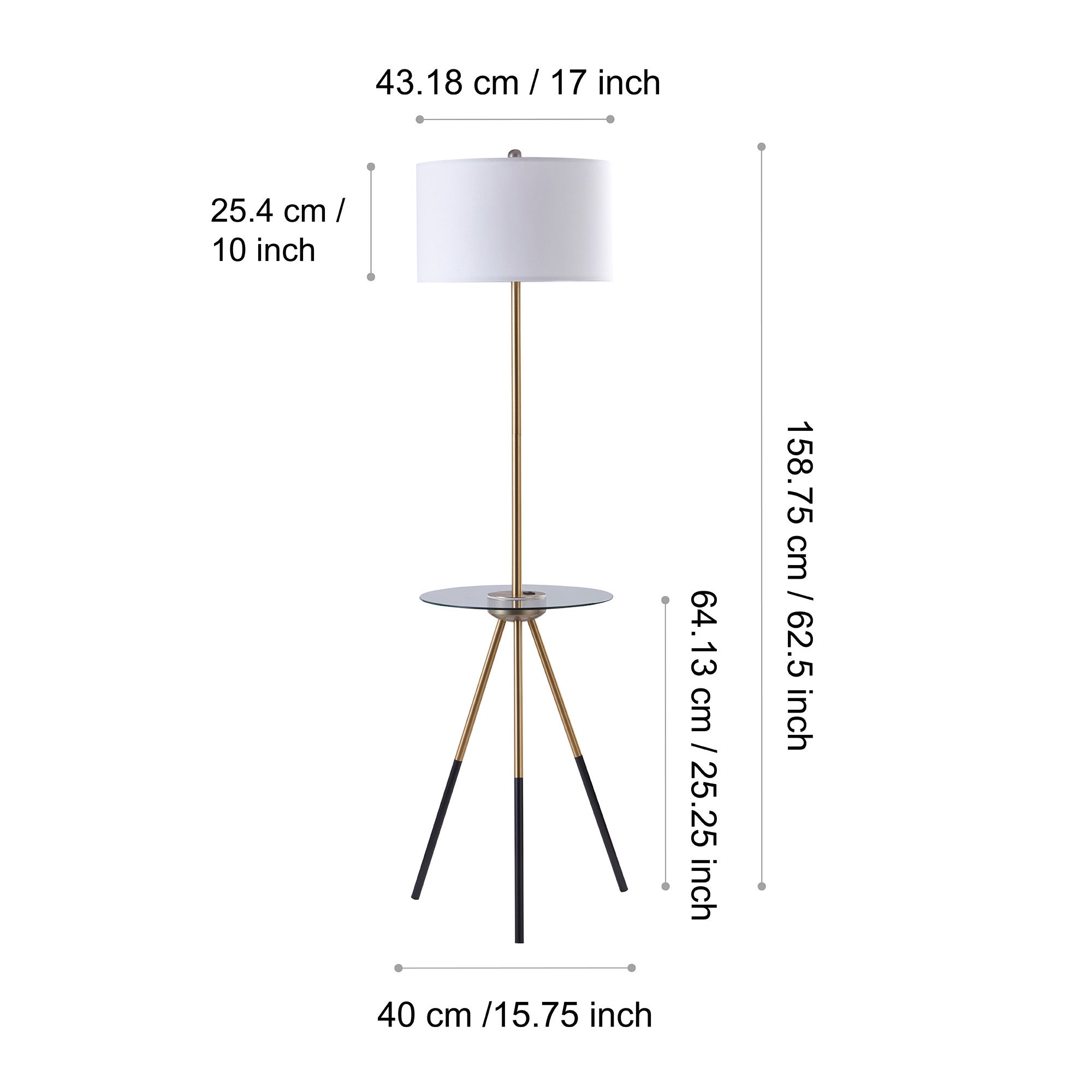 Teamson Home Myra Floor Lamp with Glass Table and Built-In USB Port, Gold/Black