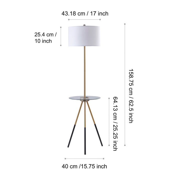 Dimensions in inches and centimeters of a Teamson Home Myra Floor Lamp with Table, Gold/White Shade