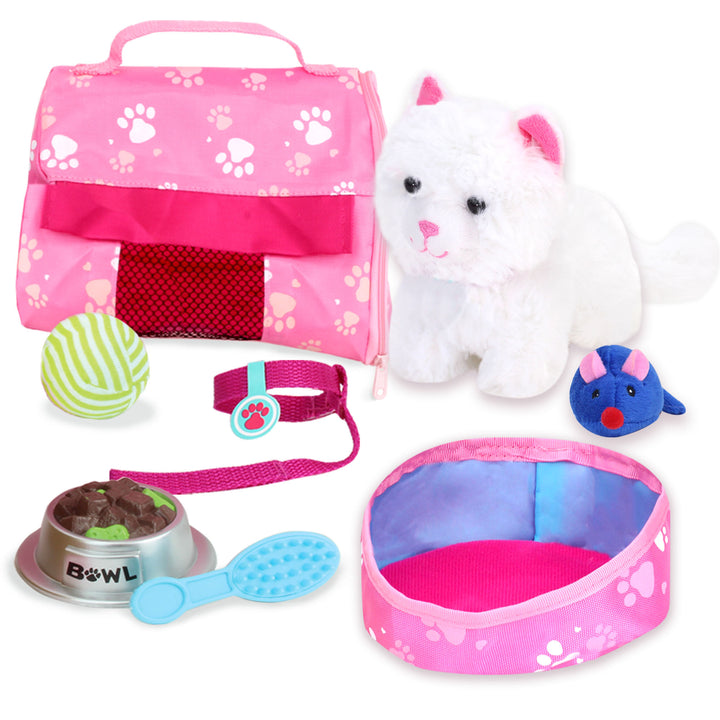 The accessories that comes with the white kitten: a carrier, faux pet food, a brush, a green ball, a blue toy mouse, a pet bed and a blanket.