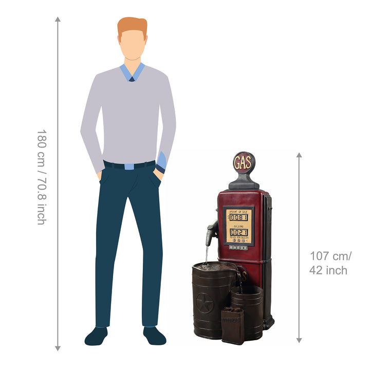 Illustration comparing the height of an average man to a Teamson Home Outdoor Vintage Gas Pump water fountain
