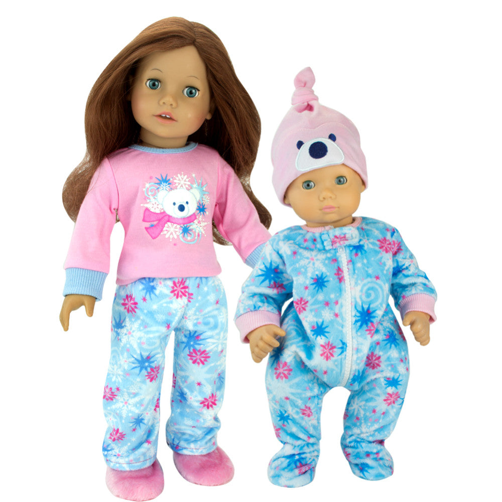Sophia’s Fleece Snowflake Print Pajama Pants, Long-Sleeved Polar Bear Tee, & Fuzzy Slippers Pajama Set for 18” Dolls, Pink/Blue