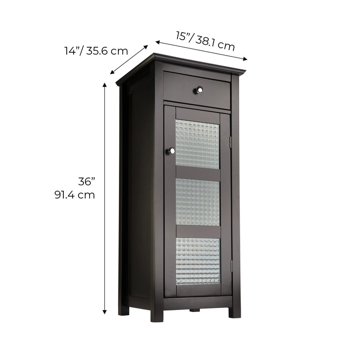 Dimensions in inches and centimeters of the Teamson Home Chesterfield Wooden Floor Cabinet with Storage Drawer and Waffle Glass Door, Espresso