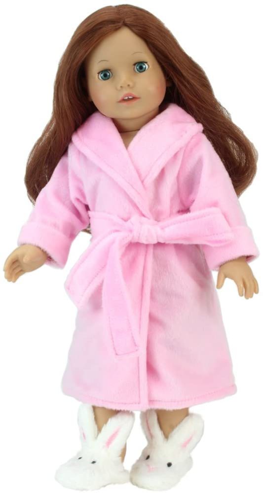 An auburn-haired 18" doll with a pink terry cloth robe and fuzzy bunny slippers.