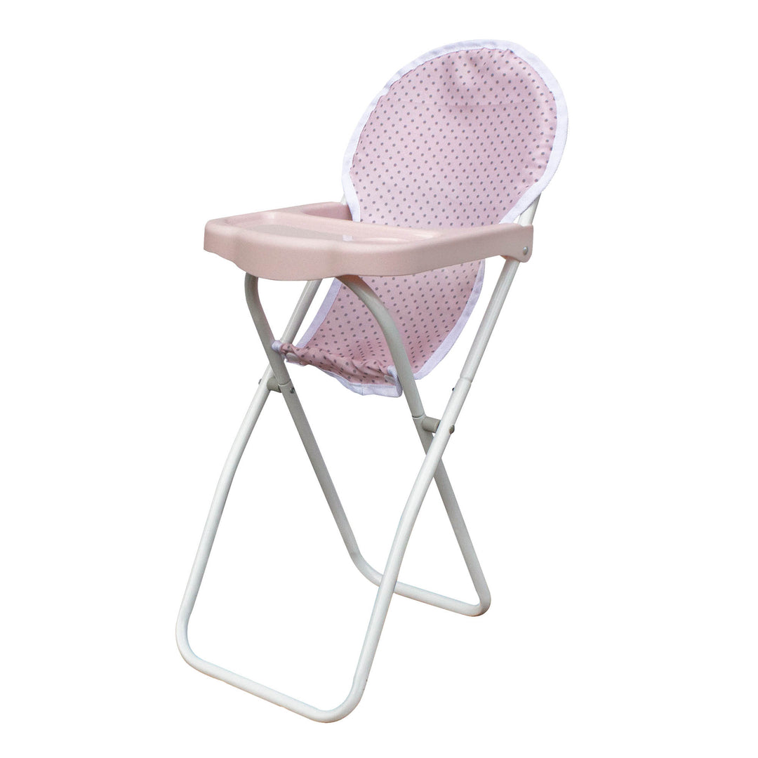 A pink and white folding baby doll high chair.
