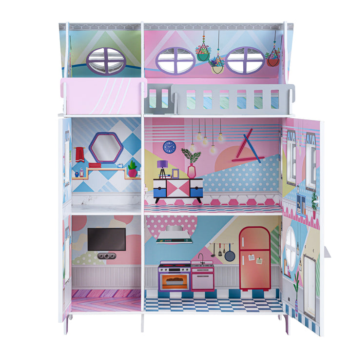 A view of the inside of the dollhouse opened fully illustrated without accessories.