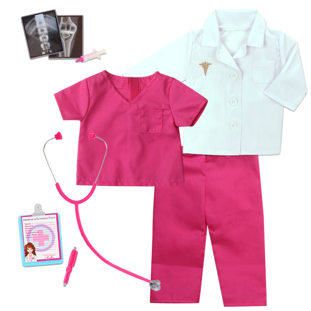 Pink scrubs, white lab coat, stethoscope, syringe, clipboard, pen and two x-rays for an 18" doll.