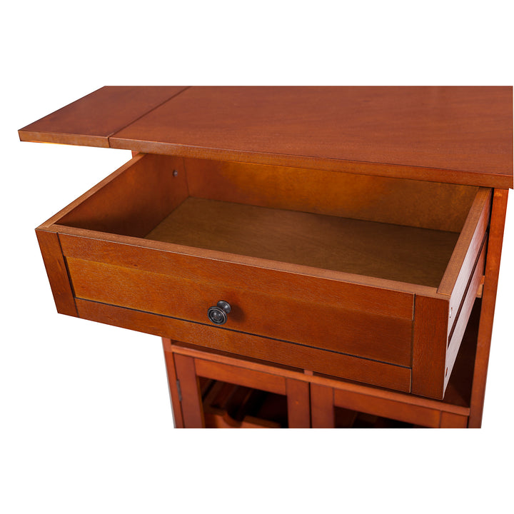 Teamson Home Peoria Wine Cabinet, Brown with an open drawer, featuring a tempered glass top, displaying its empty interior.