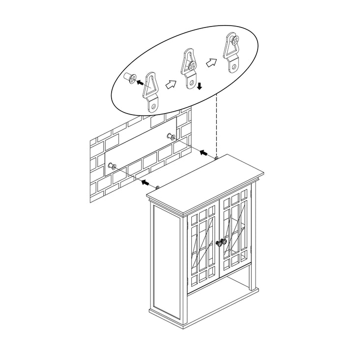 Isometric line drawing of  installation above the Teamson Home Neal Removable Wall Cabinet White.