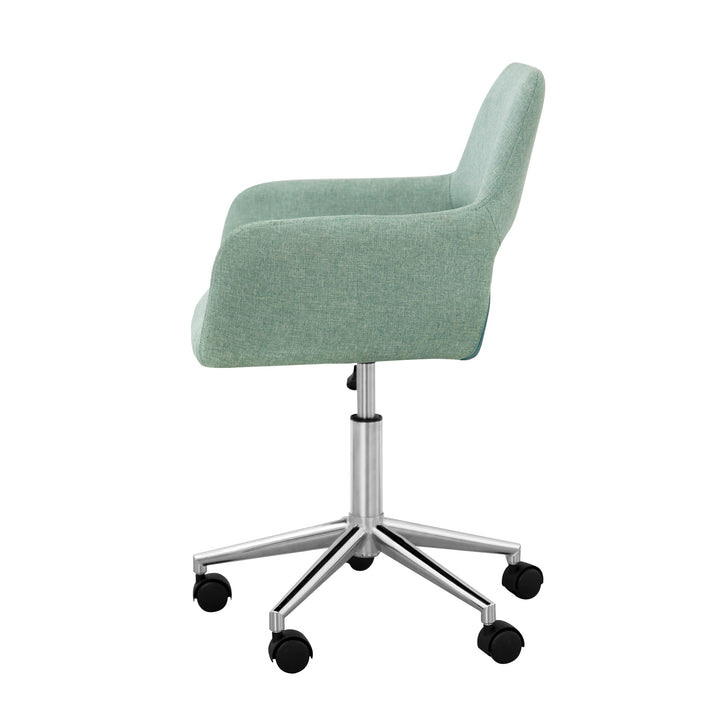 An Teamson Home Modern Fabric Office chair with a green upholstered seat, castor wheels, and adjustable height.