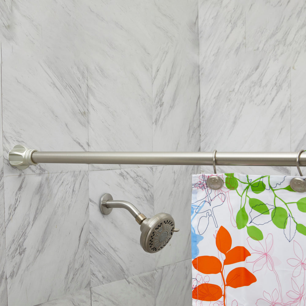 Shower head attached to the Teamson Home Hindon Shower Rod, Satin Nickel with a partial view of a floral shower curtain hanging from it.