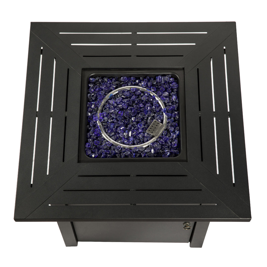 Top view of a Teamson Home Outdoor Square 30" Propane Gas Fire Pit with Steel Base with blue fire glass crystals.