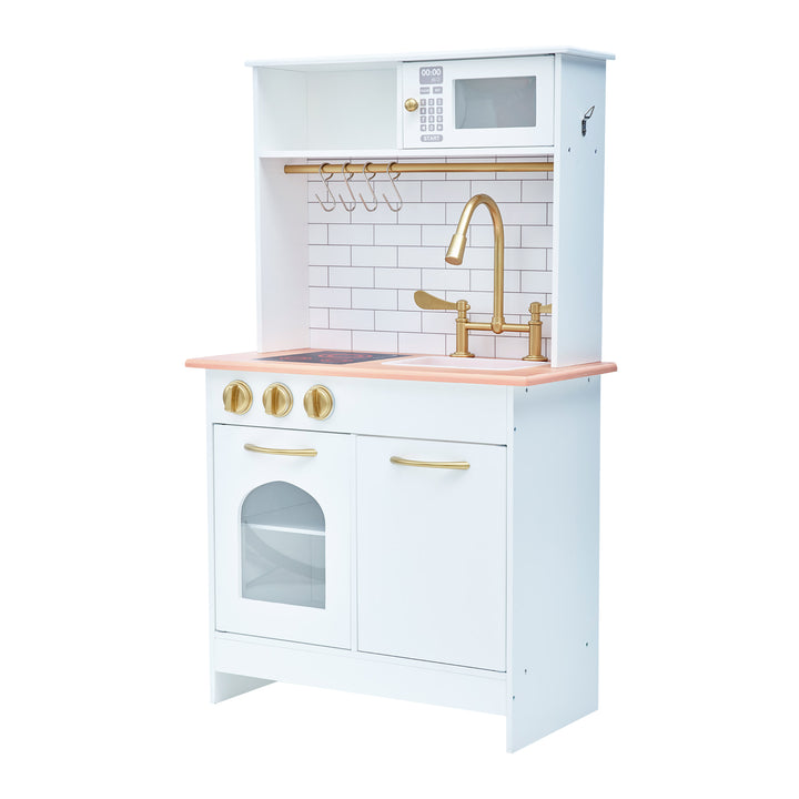 Teamson Kids Little Chef Boston Classic Play Kitchen & Cookware, White with stove, oven, sink, and storage on a white background.