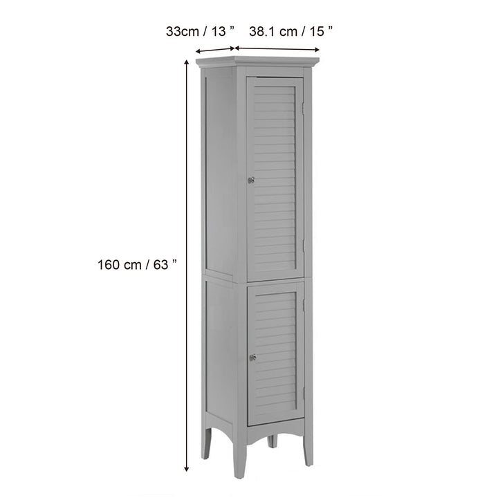 An image of a Teamson Home Glancy Wooden Linen Tower Cabinet with Storage, Gray with measurements.