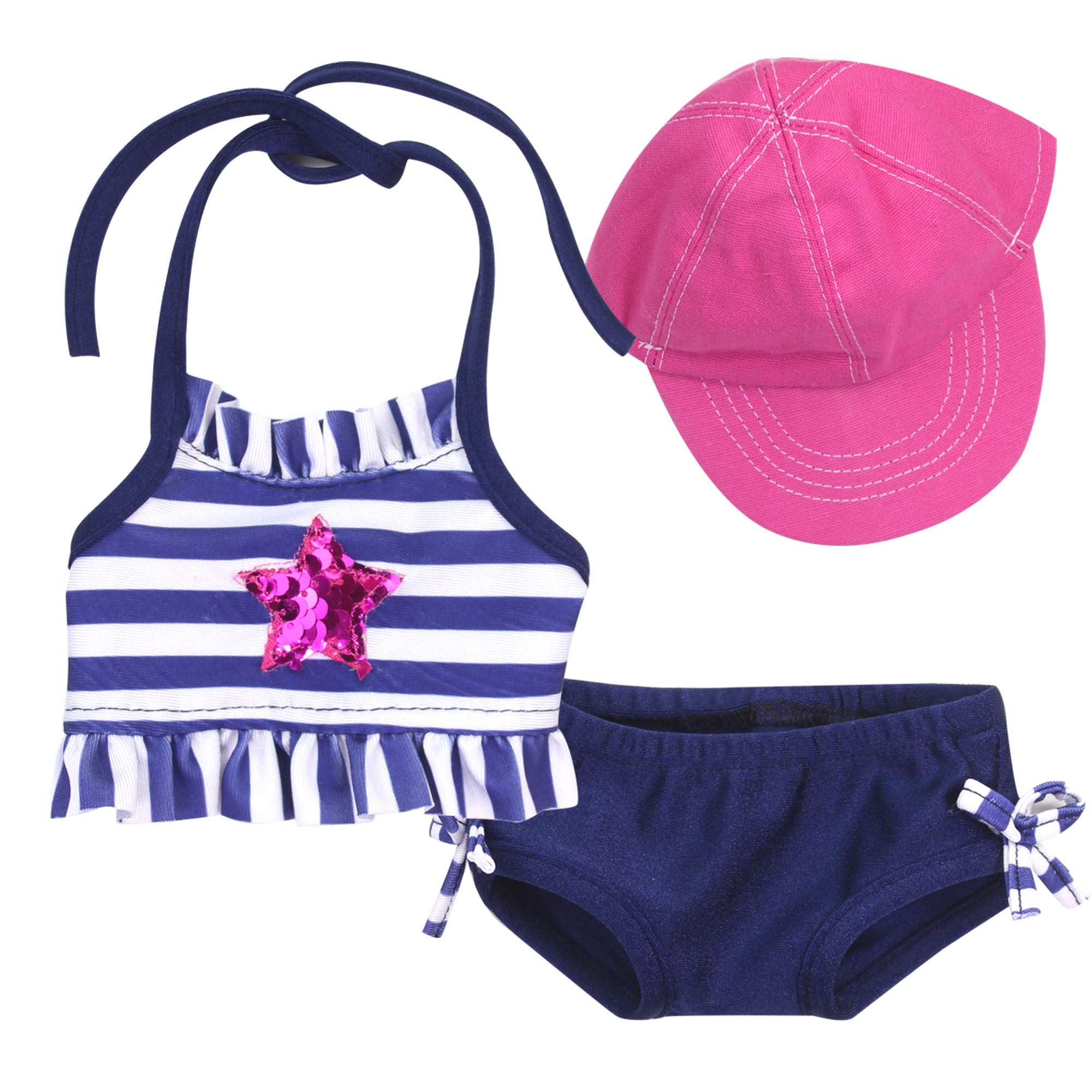 Sophia’s Striped Two-Piece Halter Swimsuit with Hot Pink Sequin Star Applique & Baseball Cap for 18” Dolls, Navy/Pink