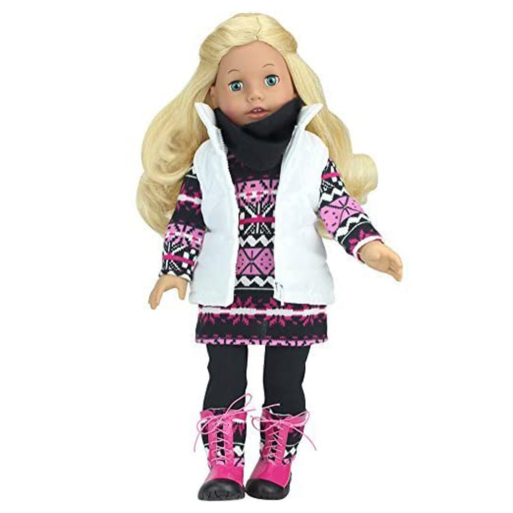A doll wearing pink, black, and white fair isle tunic, black leggings, puffy white vest, black infinity scarf, and pink and black snow boots.