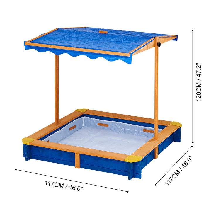 Teamson Kids 4' Square Solid Wood Sandbox with Rotatable Canopy Cover, Honey/Blue with dimensions in centimeters and inches.