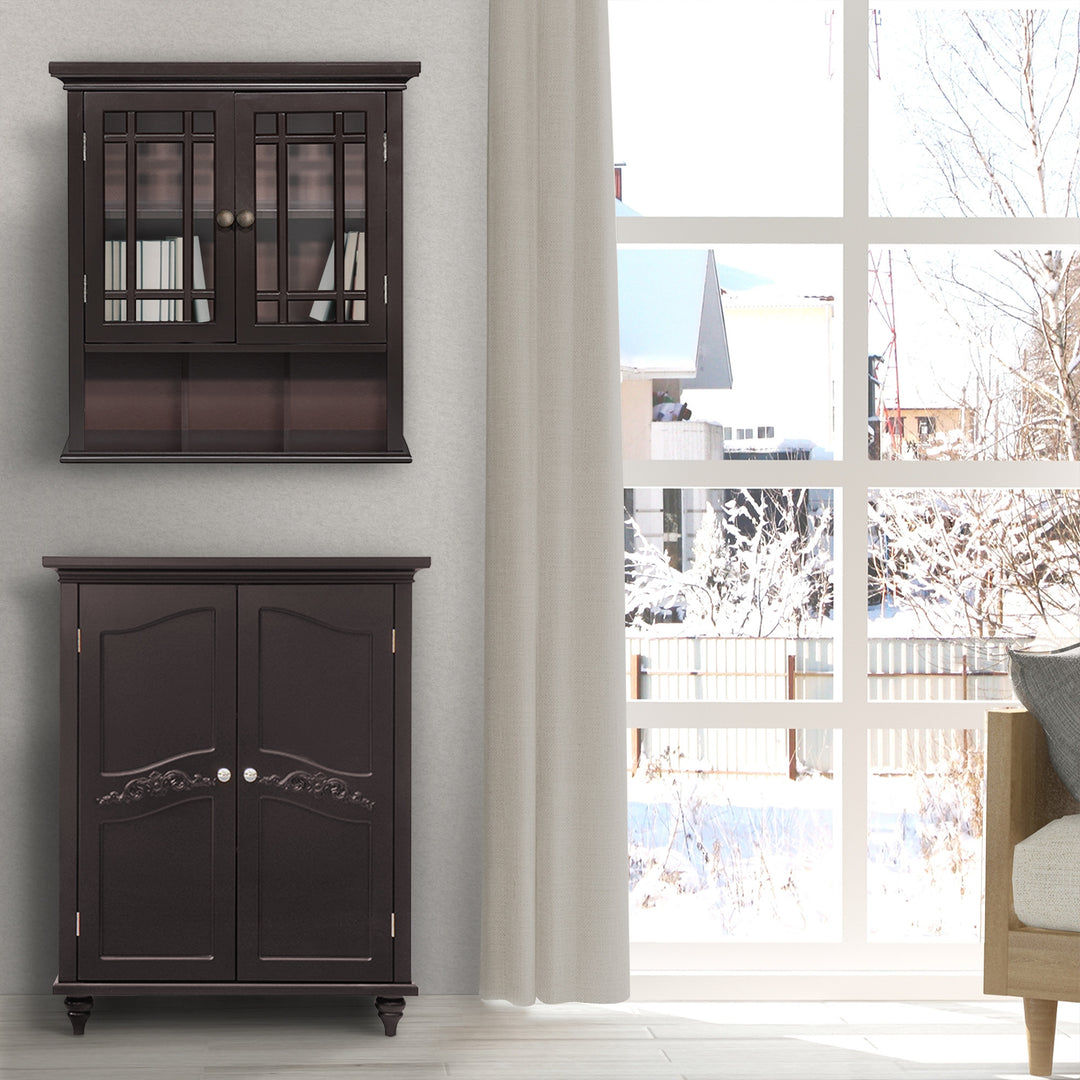 Teamson Home Dark Espresso Neal Removable Wall Cabinet mounted on a wall next to a large picture window