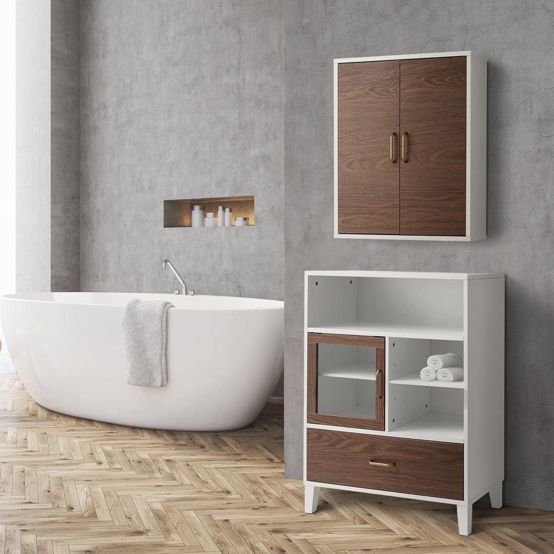 Teamson Home Tyler Modern Wooden Removable Cabinet, Walnut/White, hung over a similar floor cabinet in a modern bathroom