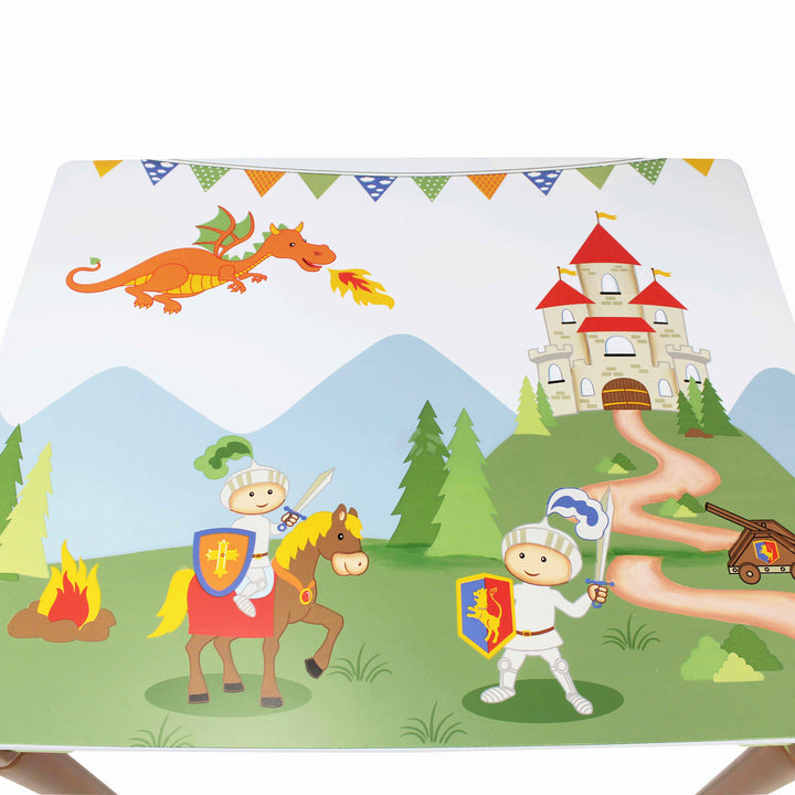 A Fantasy Fields kids painted wooden knights and dragons table with a castle and knights on it.