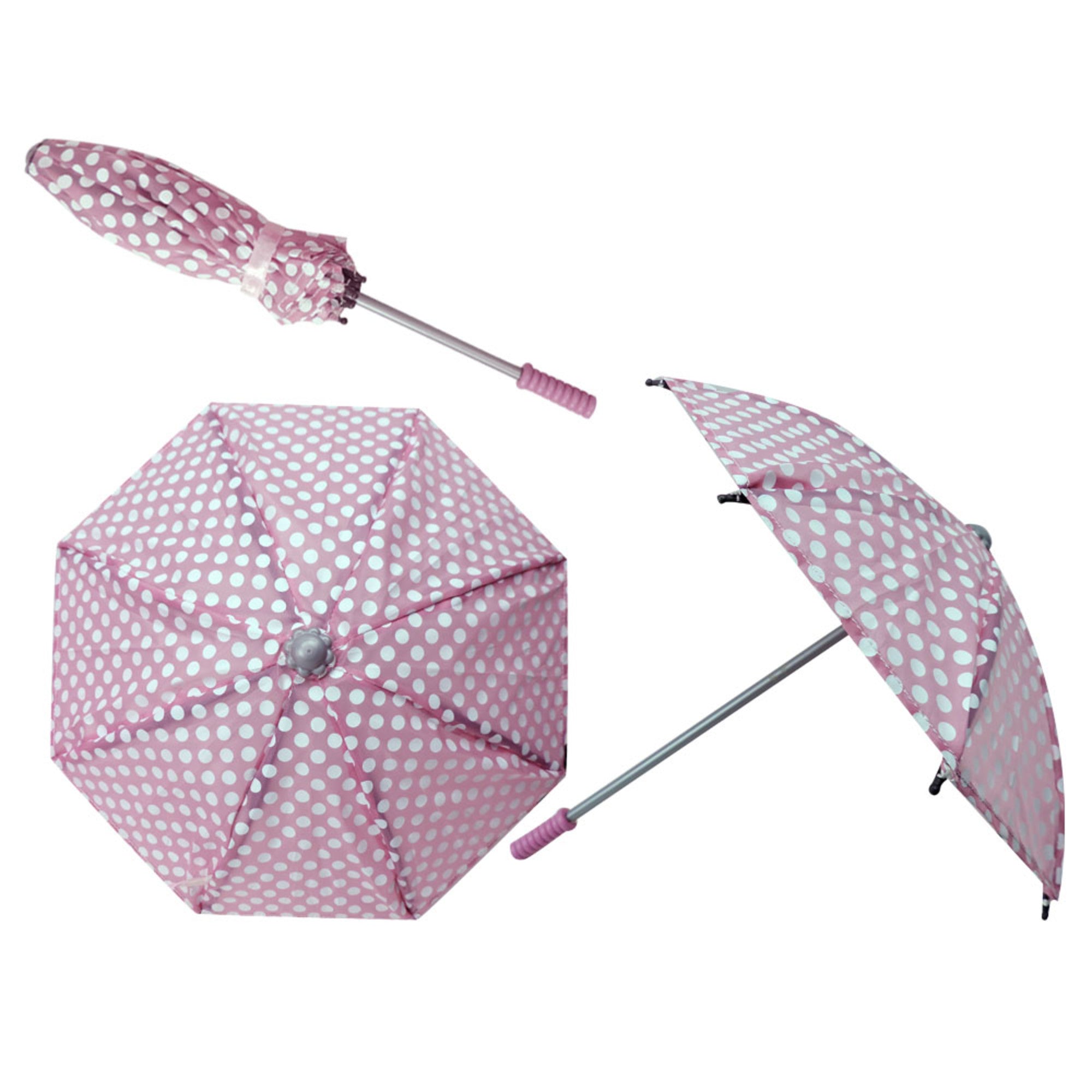 Sophia’s Cute Realistic Open-Close Polka Dot Umbrella Accessory for Rainy Days with Clear Strap Handle for 18” Dolls, Light Pink