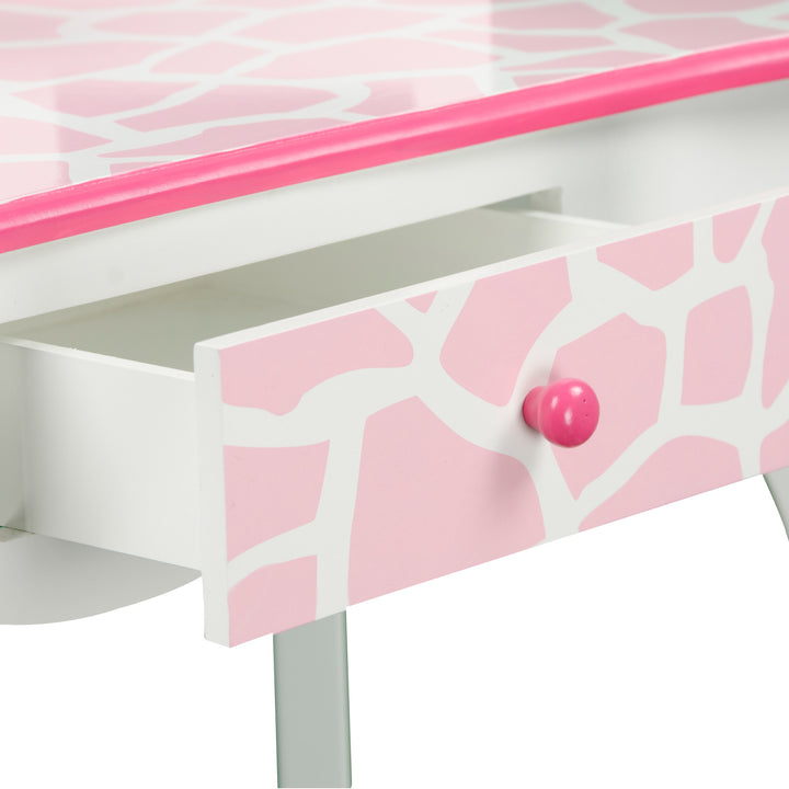 A Fantasy Fields Gisele Giraffe Prints Play Vanity Set, Pink/White with drawers.