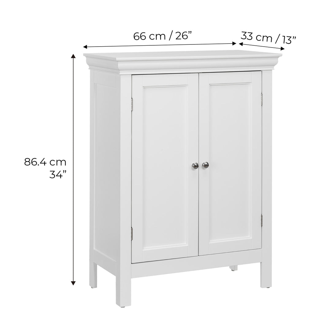 Dimensions in inches and centimeters of the White Teamson Home Stratford Floor Cabinet with chrome knobs