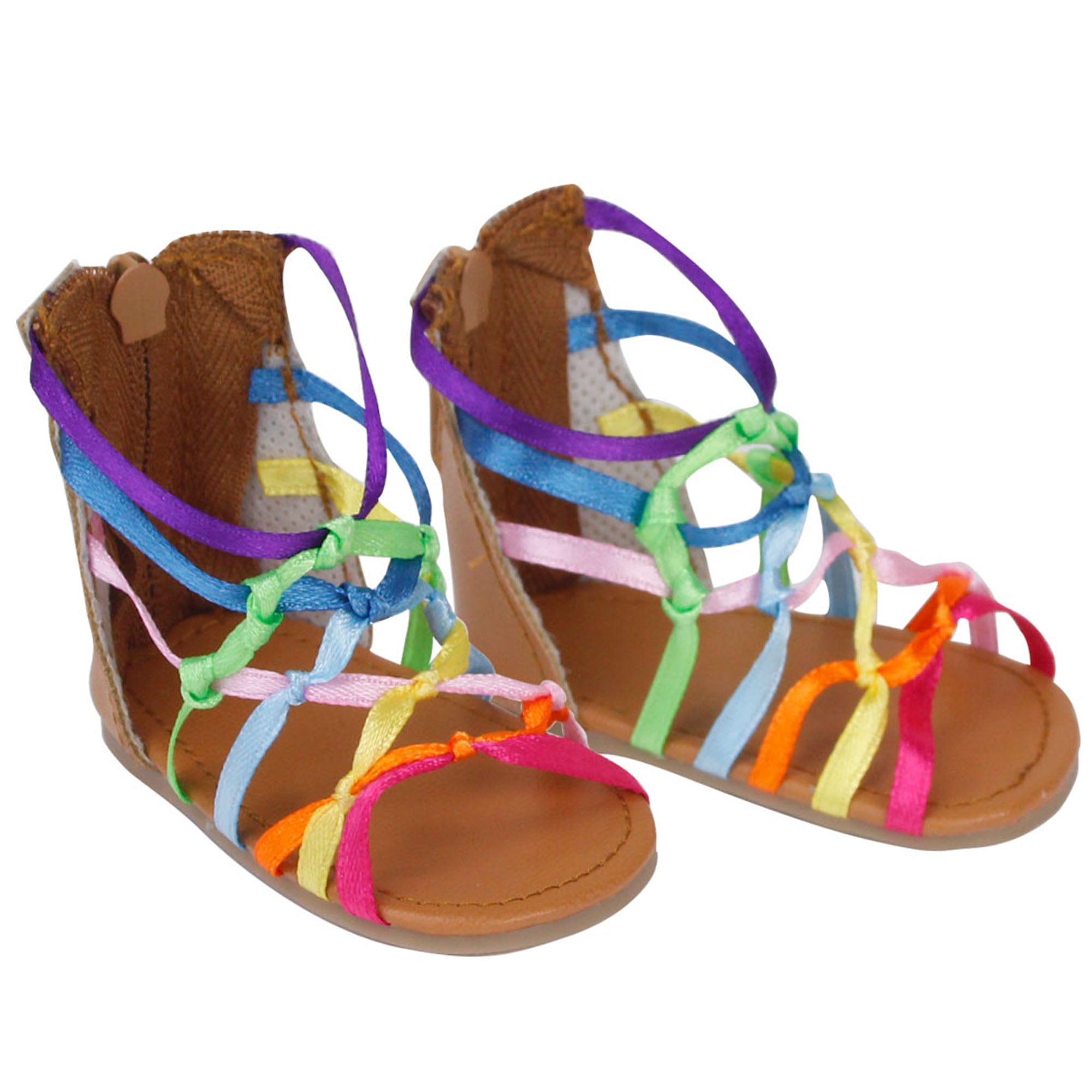 Sophia’s Colorful Gladiator-Style Knot Sandals with Zip-Up Back for 18” Dolls, Rainbow
