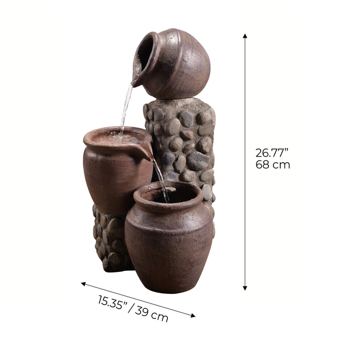 Tiered Teamson Home Outdoor Cascading Stacked Pot Water Fountain with dimensions in inches and centimeters