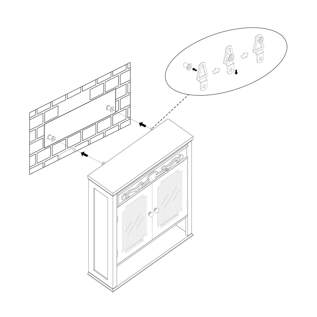 Isometric illustration of a Teamson Home Lisbon Removable Wooden Wall Cabinet with Drapery-Lined Doors, White with an open door, showing bricks and thought bubbles depicting keys floating above it.