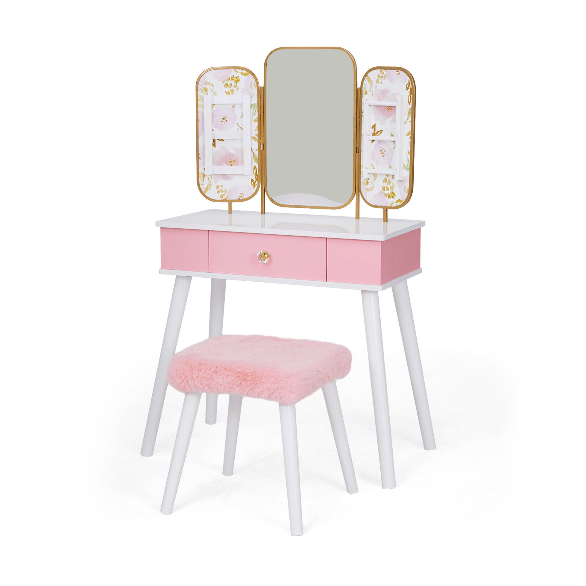 Fantasy Fields Little Lady Izabel Medium Floral Play Vanity Set with Matching Stool & Removable Faux Fur Cover, Floral Printed Panels, & Storage Drawer, White/Pink