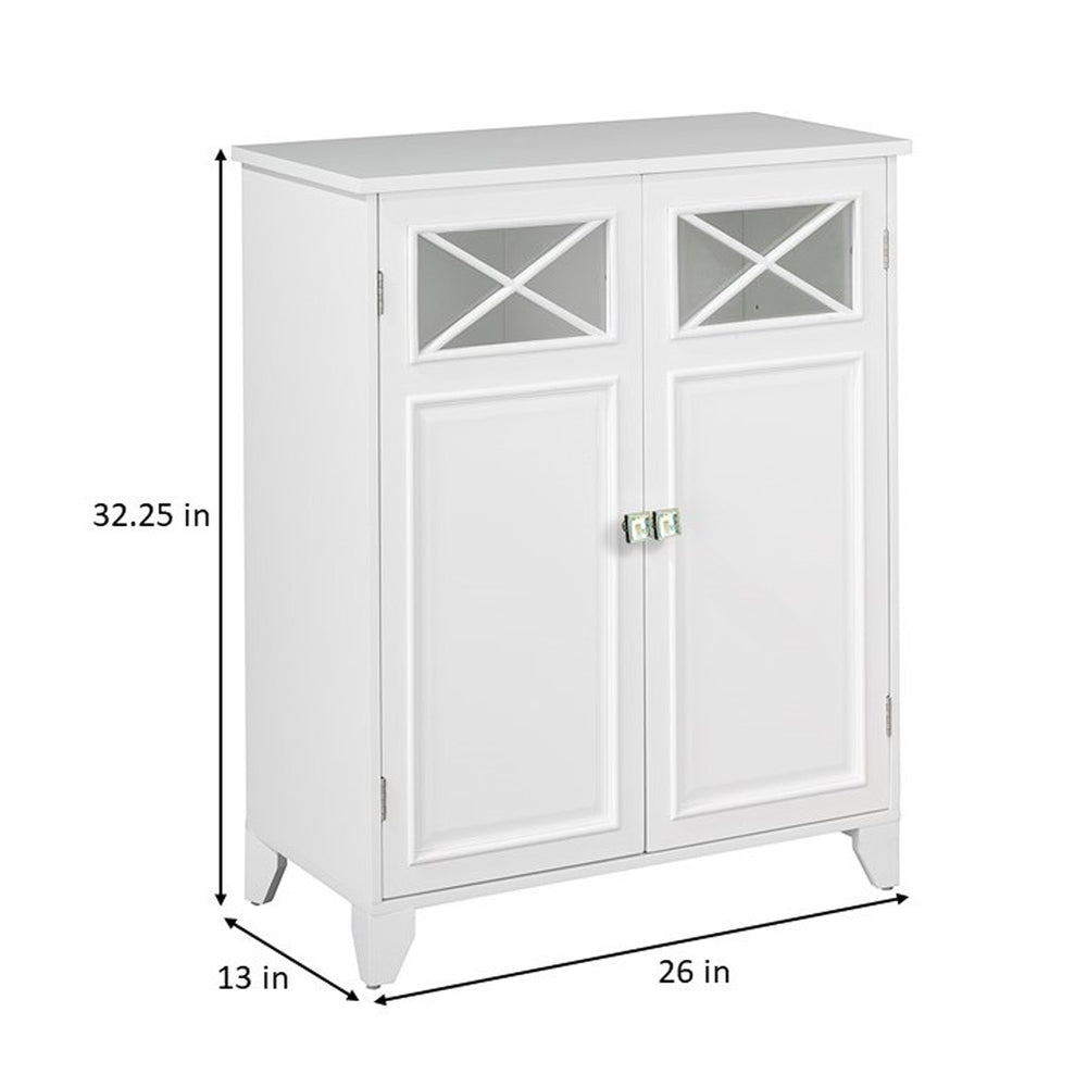 The Teamson Home Dawson Double Door Floor Cabinet, White with dimensions in inches and centimeters
