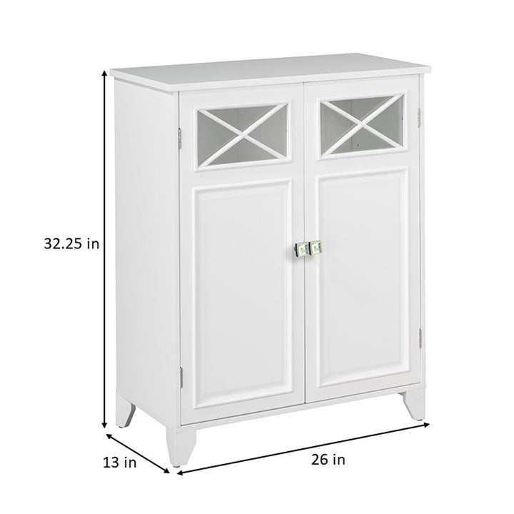 The Teamson Home Dawson Double Door Floor Cabinet, White with dimensions in inches and centimeters