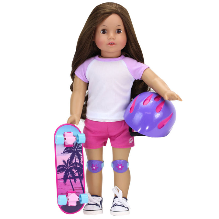 An 18" brunette doll with purple knee pads on with a skateboard in one hand and a helmet in another.